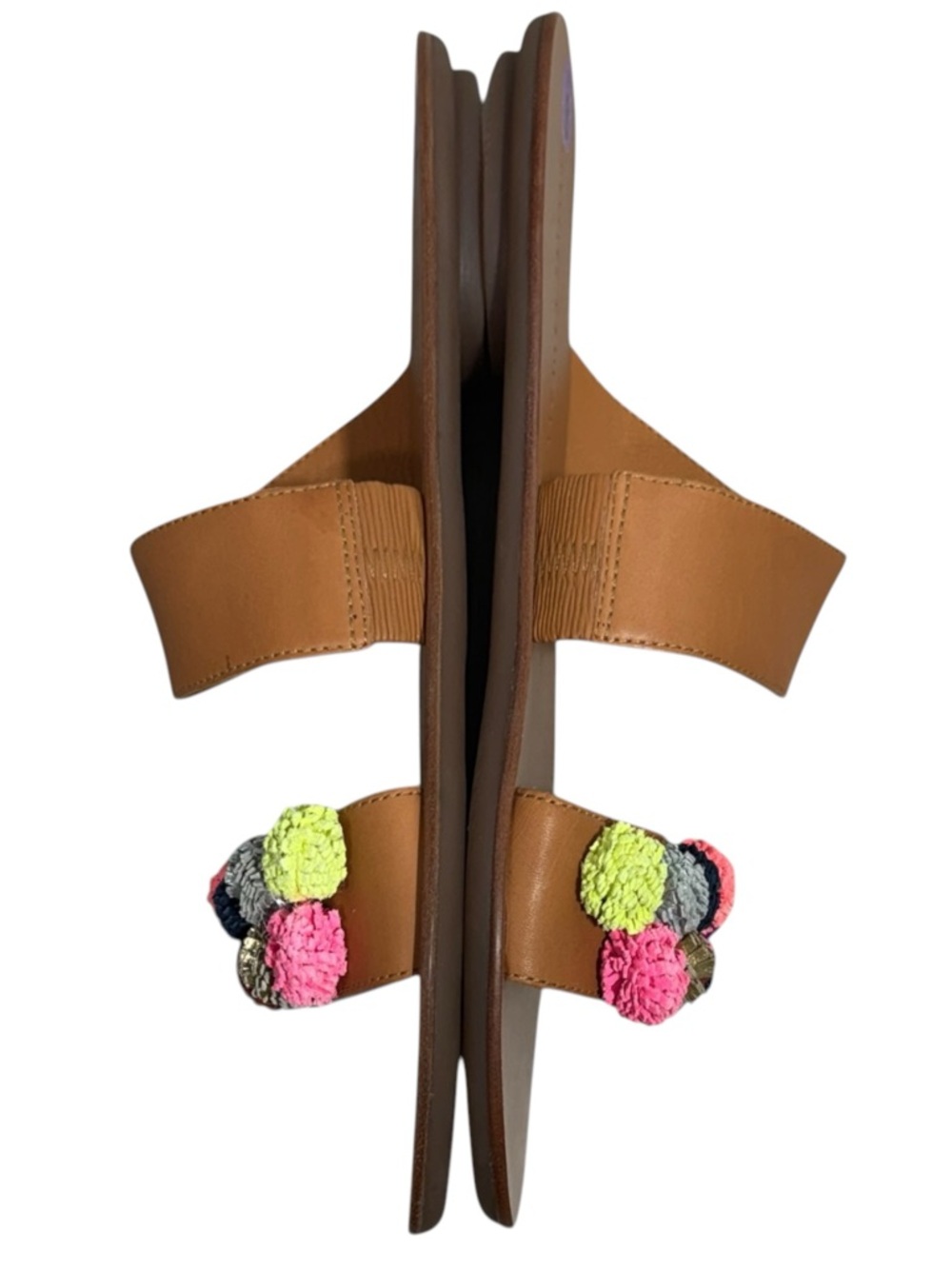 Anthro Loeffler Randall Clem Tan Leather Rainbow Pom-Pom Slide Sandals Women’s 8 - Picture 7 of 10